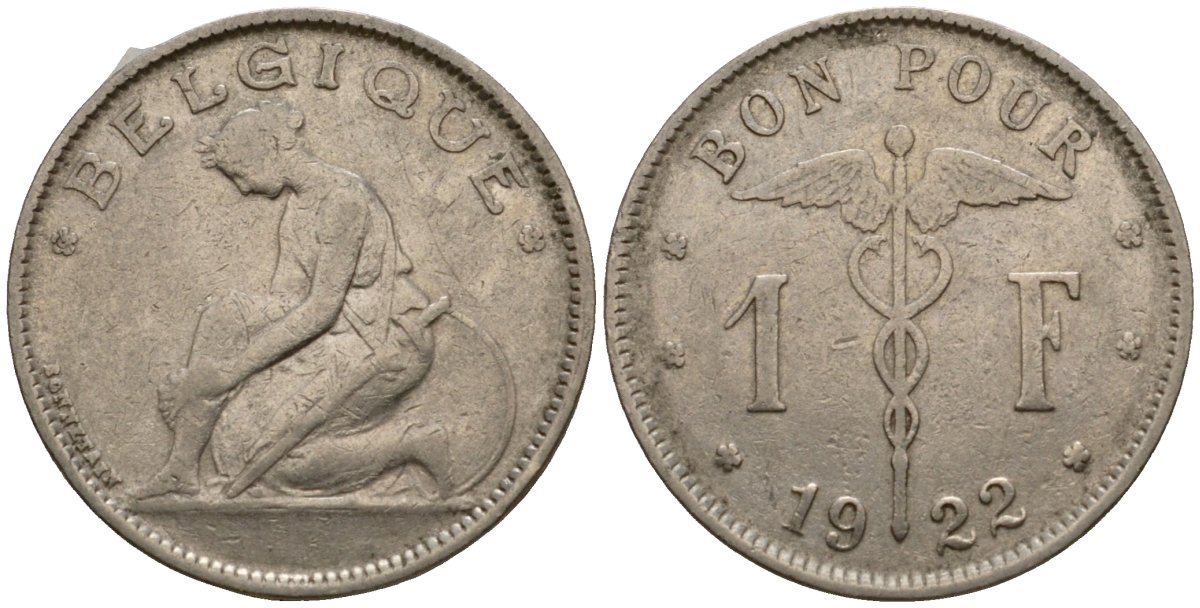 Бельгия 1 франк 1922 Belgique, Альберт I (1910-1934) KM 89 никель 33-1233