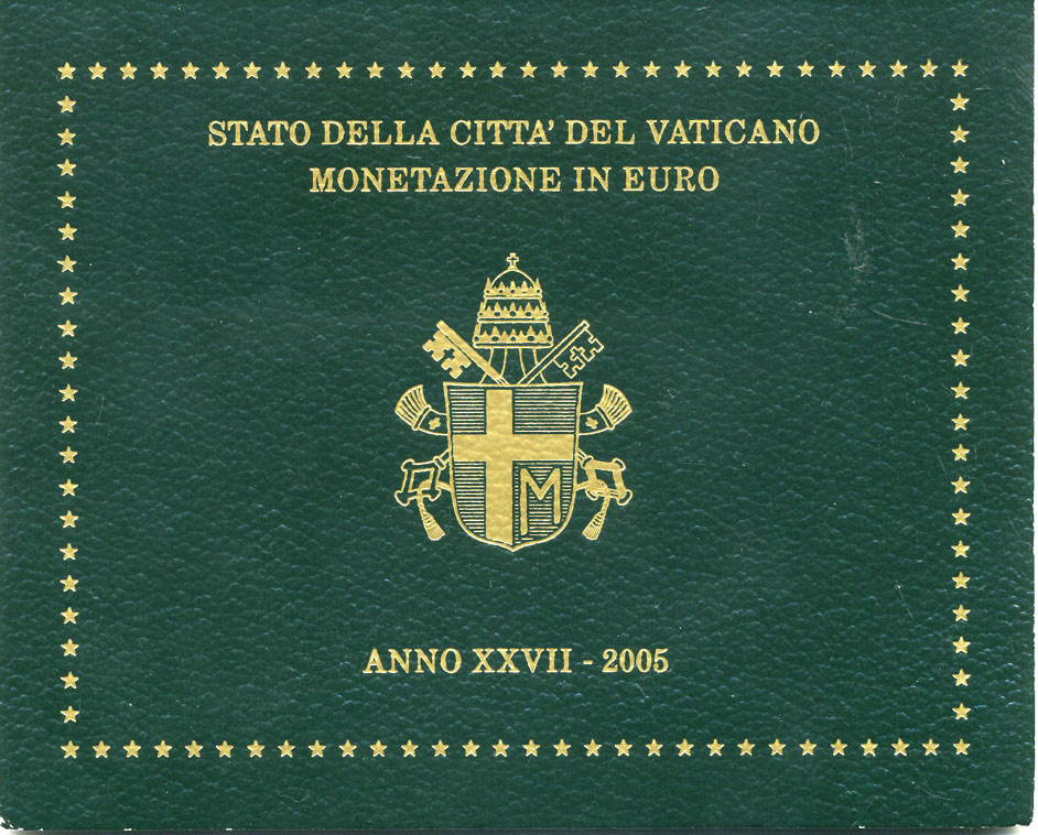 Ватикан евронабор из 8 монет 2005 Папа Иоанн Павел II, в оригинальном буклете KM MS 111 биметалл UNC 1-5-3-12