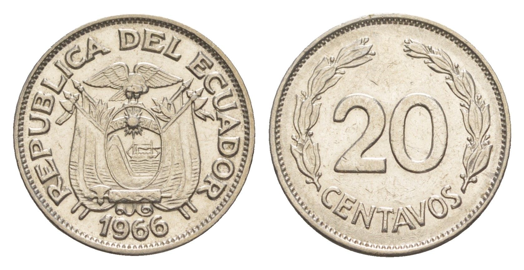 Эквадор 20 сентаво 1966 KM 77.1c сталь плакированная никелем 4640-1228