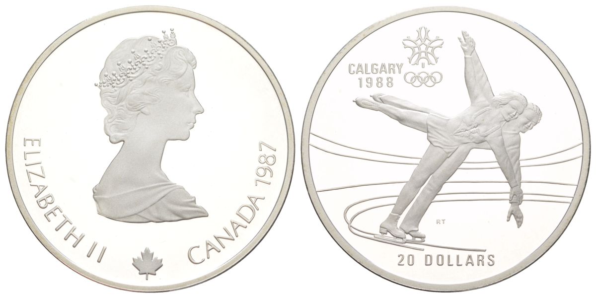 Канада 20 долларов 1987 XV зимние Олимпийские Игры, Калгари 1988 - Фигурное катание, в оригинальной упаковке, с сертификатом KM 155 серебро PROOF 8-2-01-63