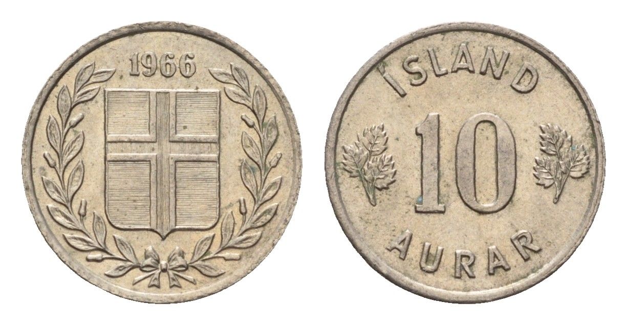 Исландия 10 эйре 1966 KM 10 медно-никель aUNC 4690-722