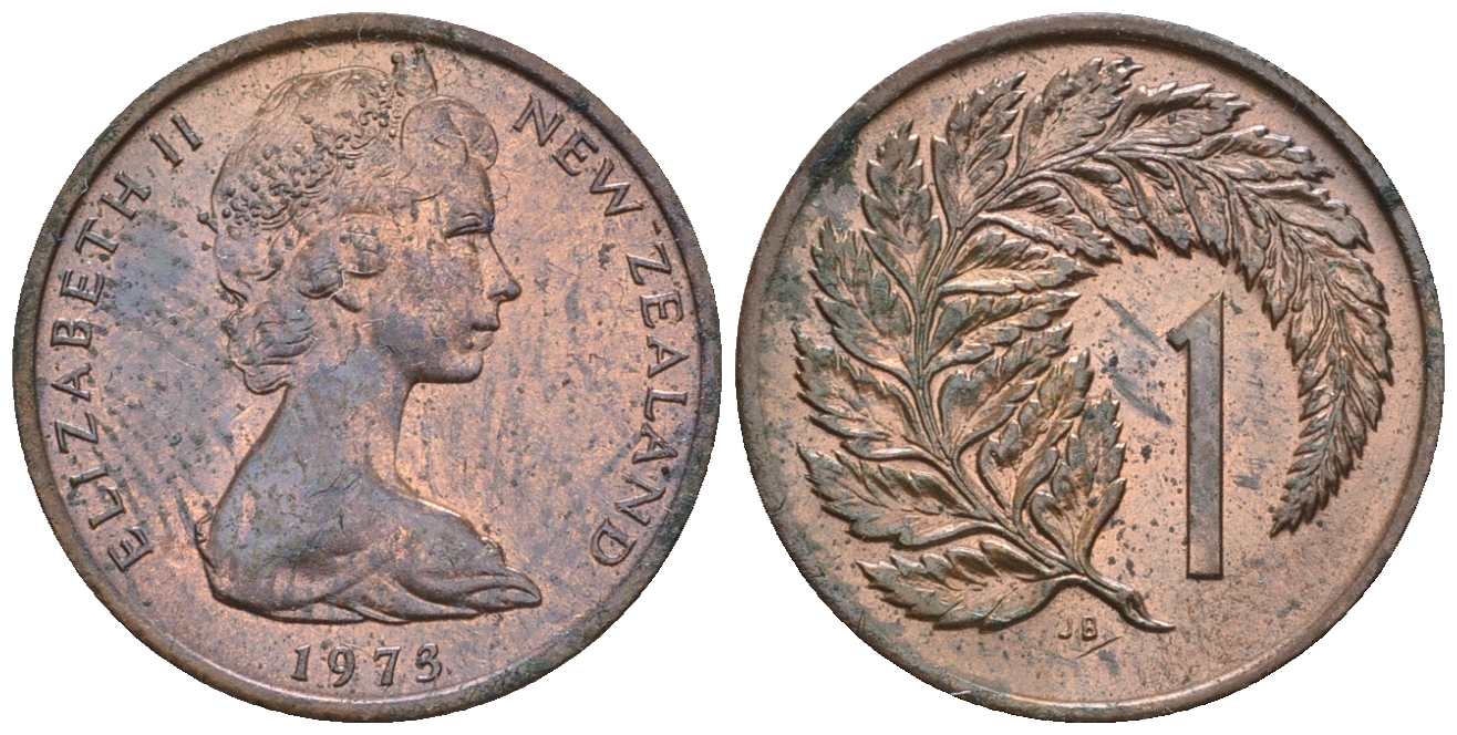 Новая Зеландия 1 цент 1973 Елизавета II (1952-2022), лист папоротника KM 31.1 бронза  UNC  220-945