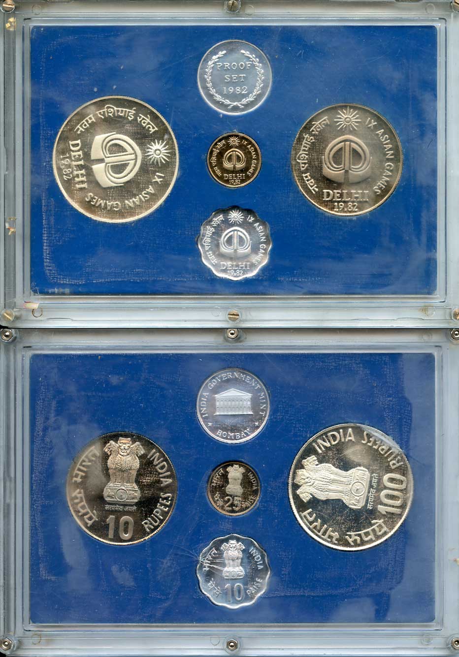 Индия официальный набор из 4 монет и  жетона монетного двора 1982 IX всеазиатские игры, DELHI 1982 KM PS 33   PROOF  7-3-1-22