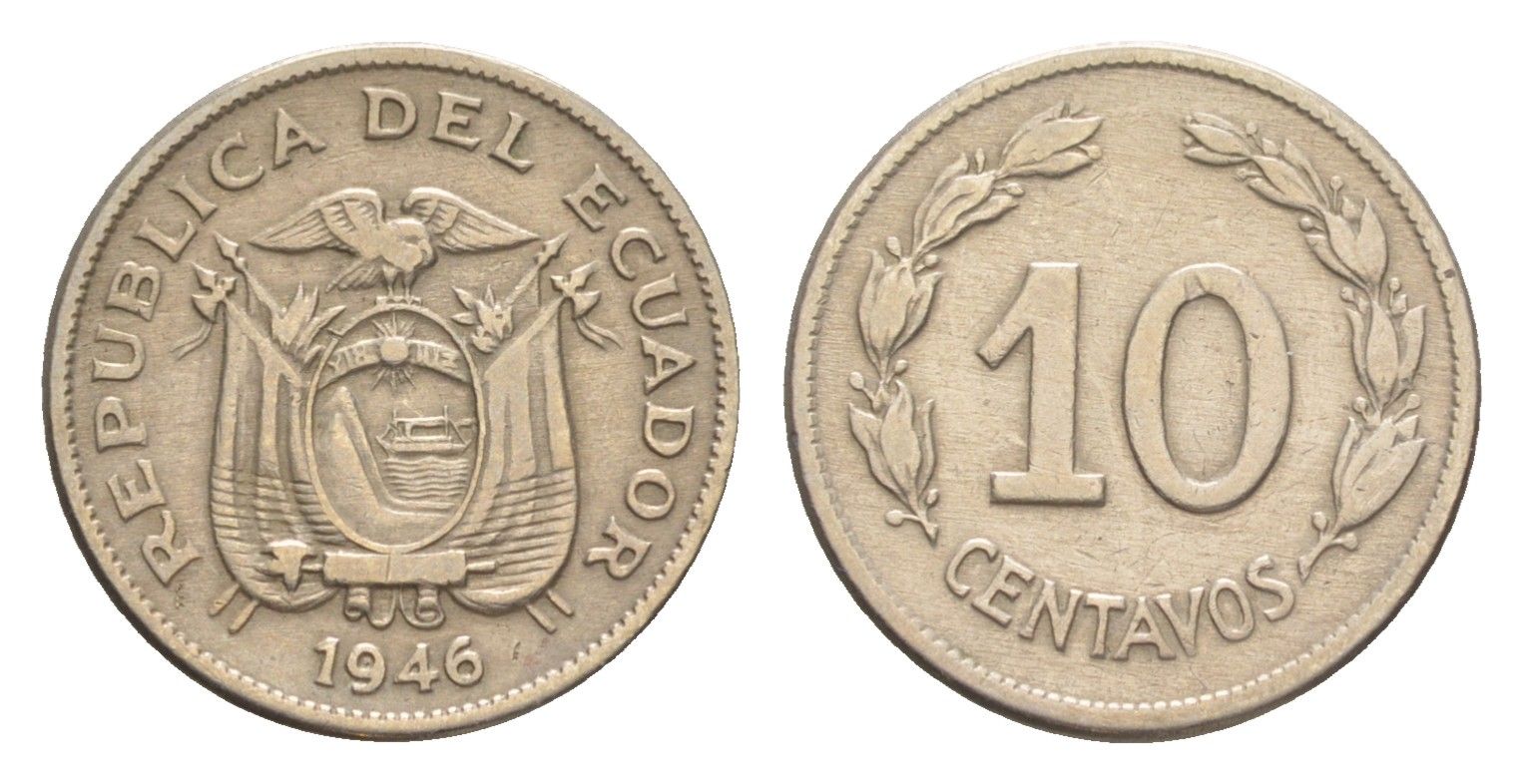 Эквадор 10 сентаво 1946 KM 76b медно-никель 4640-1149