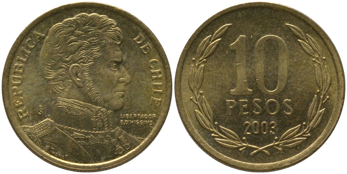 Чили 10 песо 2003 So KM 228.2, Schon 82 алюминиевая бронза aUNC 4544-725
