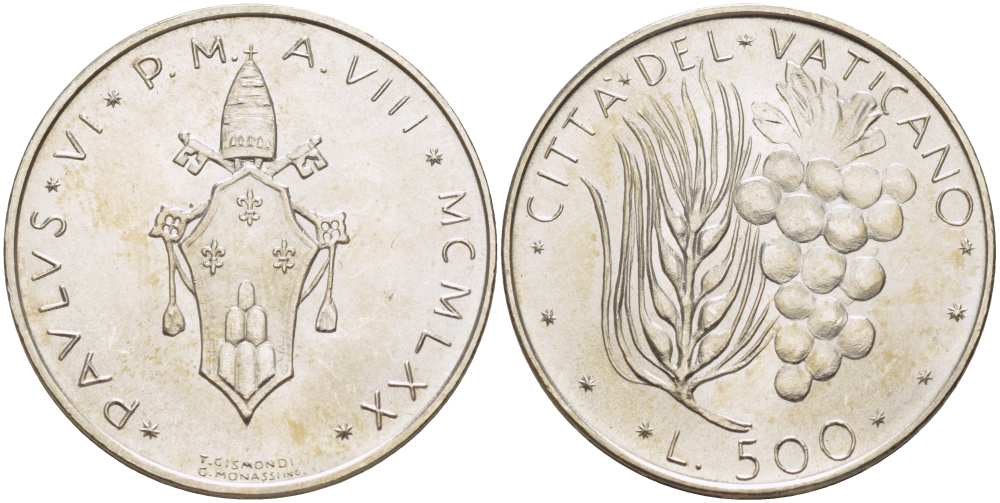Ватикан 500 лир 1970 VIII год, Павел VI (1963-1978), пшеница и виноград KM 123 серебро  UNC  4512-745