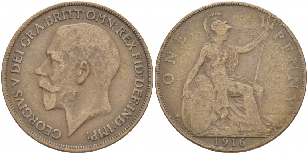 Великобритания 1 пенни 1916 Георг V (1910-1936) КМ 810, Spink 4051 бронза 215-313