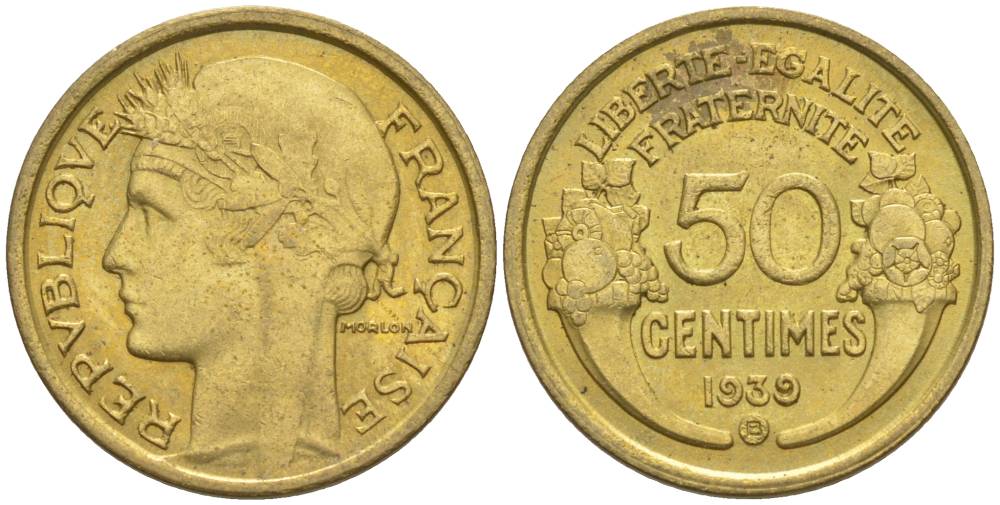 ФРАНЦИЯ 50 САНТИМОВ 1939 В, ТИП MORLON, МОНДВОР БРЮССЕЛЬ KM 894.2, LE FRANC 192.16 алюминиевая бронза 44-923