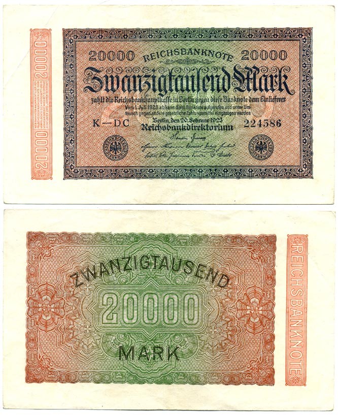 ГЕРМАНИЯ 20000 МАРОК 1923 20 ФЕВРАЛЯ 1923, ВОДЯНОЙ ЗНАК L Pick 85a бумага 7116-11-3