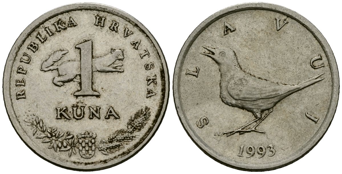 Хорватия 1 куна 1993 западный соловей, легенда на хорватском KM 9.1 медно-никель 4138-517