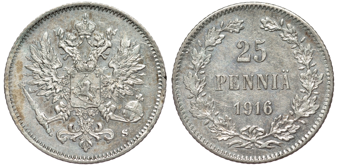 Россия для Финляндии 25 пенни 1916 S, Николай II (1894-1917) KM 6.2, Биткин 421 серебро 75-1333