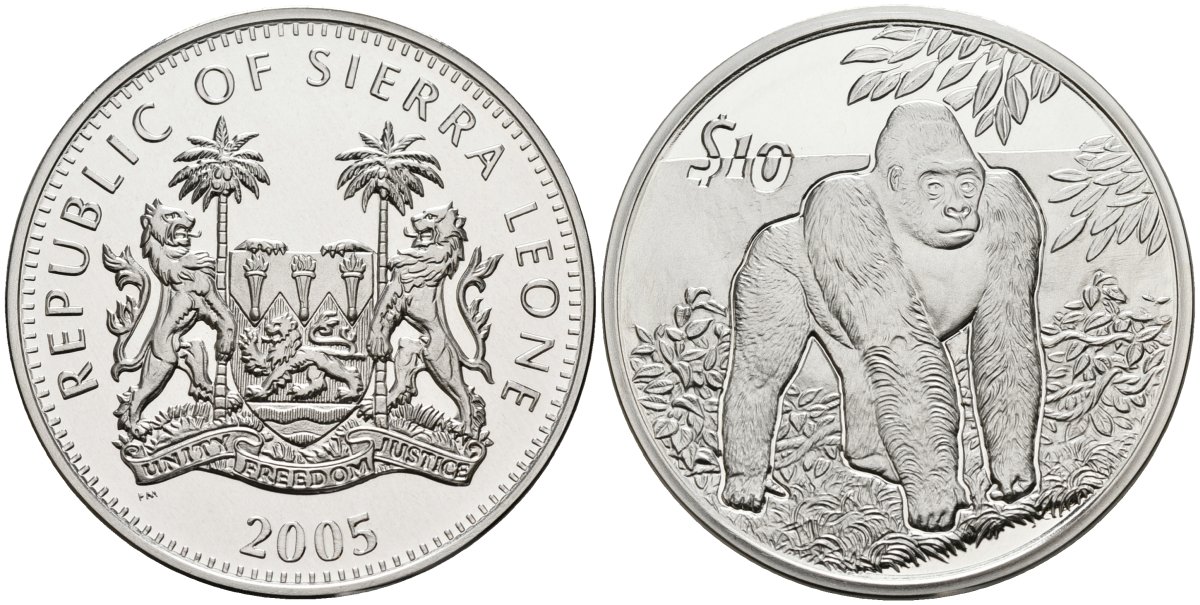 Сьерра-Леоне 10 долларов 2005 серия защита окружающей среды, гориллы, тираж 10000 экз. серебро PROOF 00-00