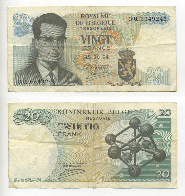 Бельгия 20 франков 1964 Бодуэн I, атомиум, Kestens Pick 138 (3) бумага 6280-14-2-1