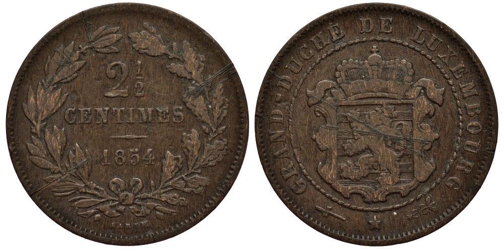 ЛЮКСЕМБУРГ 2 1/2 САНТИМА 1854 u, ГЕРЦОГ ВИЛЛЕМ III НИДЕРЛАНДСКИЙ (1849-1890), МОНДВОР УТРЕХТ КМ 21 бронза 4538-744