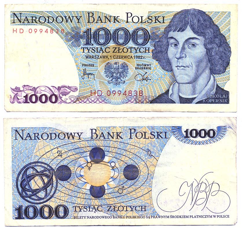 ПОЛЬША 1000 ЗЛОТЫХ 1982 1 ИЮНЯ 1982, НИКОЛАЙ КОПЕРНИК Pick 146c бумага 6287-23-2-1