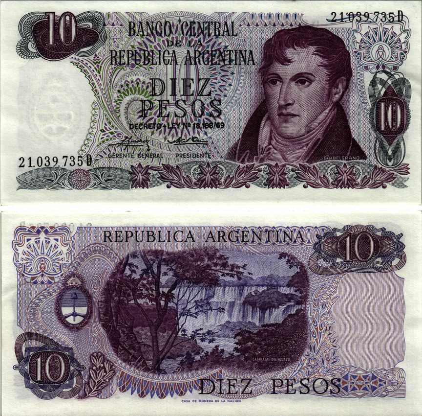АРГЕНТИНА 10 ПЕСО 1975 СЕРИЯ D 21039, МАНУЭЛЬ БЕЛЬГРАНО Pick 295, Bottero 2356 бумага аUNC 6352-23-1-1