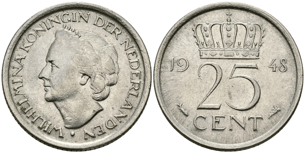 НИДЕРЛАНДЫ 25 ЦЕНТОВ 1948 ВИЛЬГЕЛЬМИНА KM 178 никель 176-848