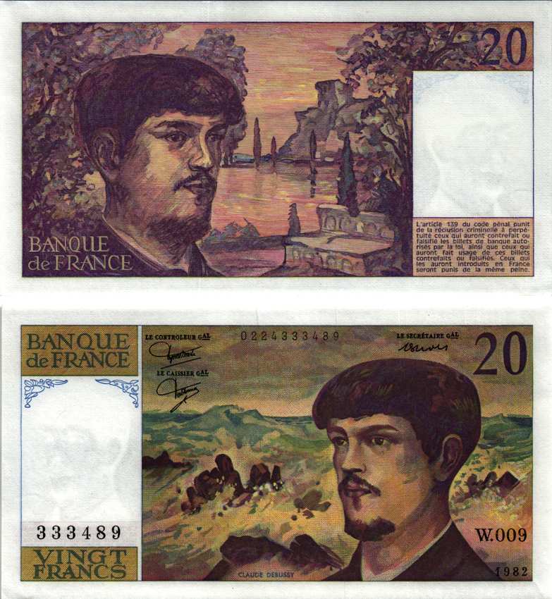 ФРАНЦИЯ 20 ФРАНКОВ 1982 БЕЗ ЗАЩИТНОЙ ПОЛОСЫ, КЛОД ДЕБЮССИ, ФРАНЦУЗСКИЙ КОМПОЗИТОР И МУЗЫКАЛЬНЫЙ КРИТИК Pick 151а бумага XF-UNC 7183-41-1-1