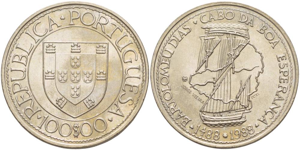 Португалия 100 эскудо 1988 серия золотой век португальских открытий, Бартоломеу Диаш KM 642 медно-никель UNC 4537-611