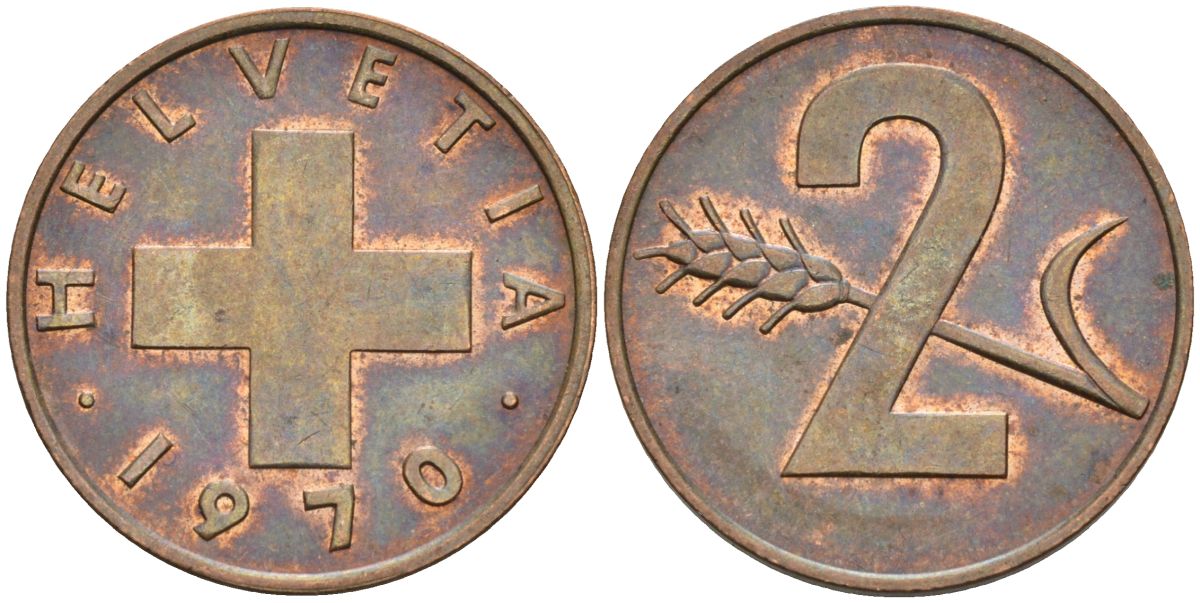 Швейцария 2 раппена 1970 KM 47 бронза 4592-717