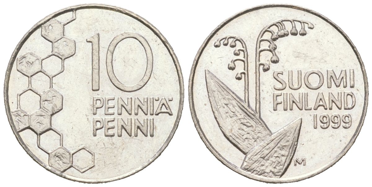 Финляндия 10 пенни 1999 KM 65 медно-никель UNC 4617-1141