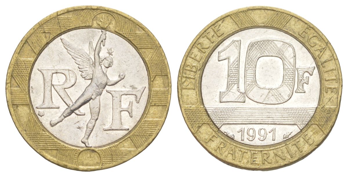 Франция 10 франков 1991 KM 964.1, Le Frank 375.6 биметалл 4629-647