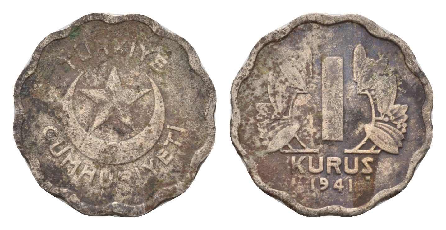 Турция 1 куруш 1941 KM 867 медно-никель 45-456