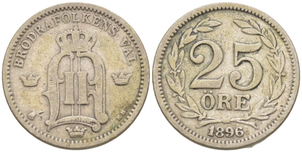 Швеция 25 эре 1896 EB, Оскар II (1872-1907) король Швеции и Норвегии KM 739 (531) серебро 3309-846
