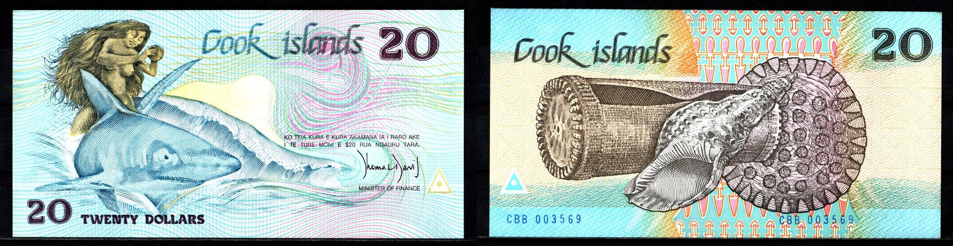 Острова Кука 20 долларов ND (1987) "Ина и акула" (полинезийская легенда) Pick 5 a бумага UNC (пресс) 451-1211-1