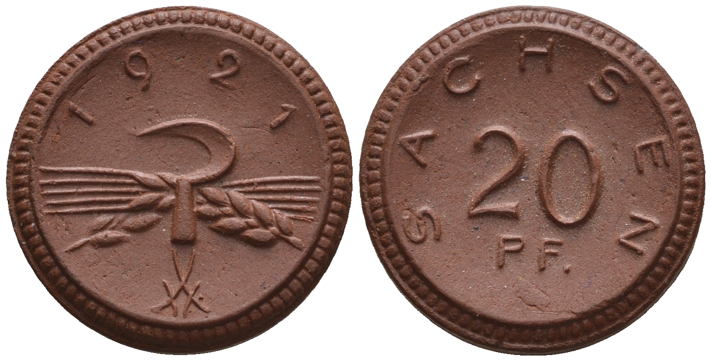 Саксония 20 пфеннигов 1921 колосья и серп J. N 53 фарфор UNC 1094-8-85