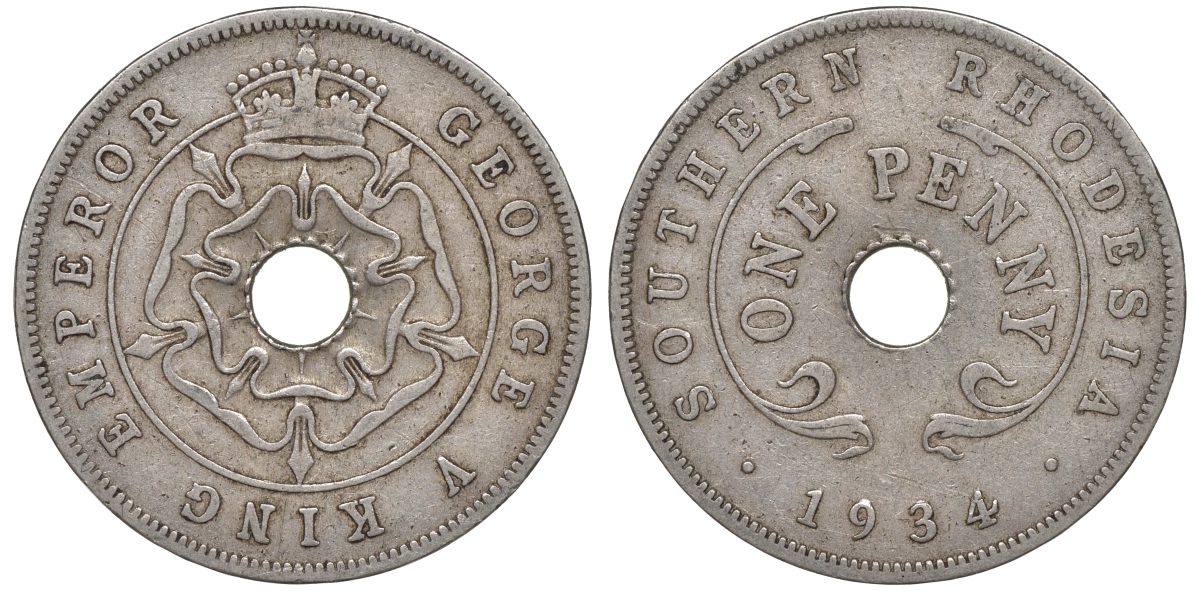 Британская Южная Родезия 1 пенни 1934 Георг V (1910-1936) KM 7 медно-никель 00-00