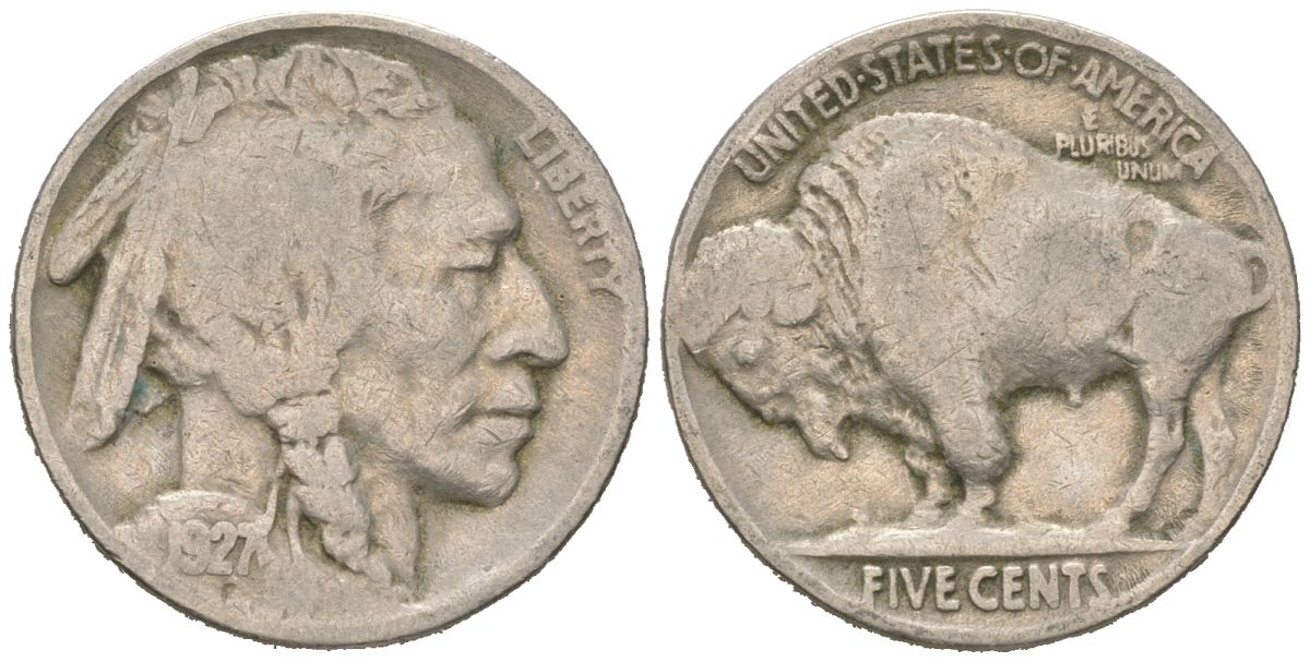 США 5 центов 1927 индеец, бизон KM 134 медно-никель 4614-1116