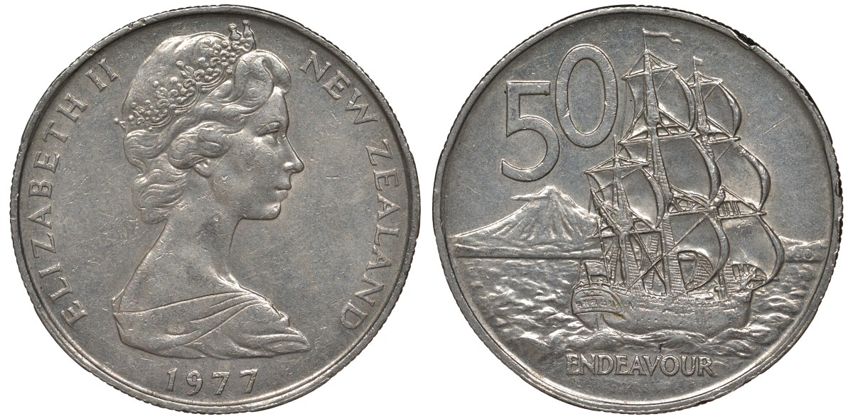 Новая Зеландия 50 центов 1977 Елизавета II (1952-2022), парусник Индевор KM 37 медно-никель 4125-213