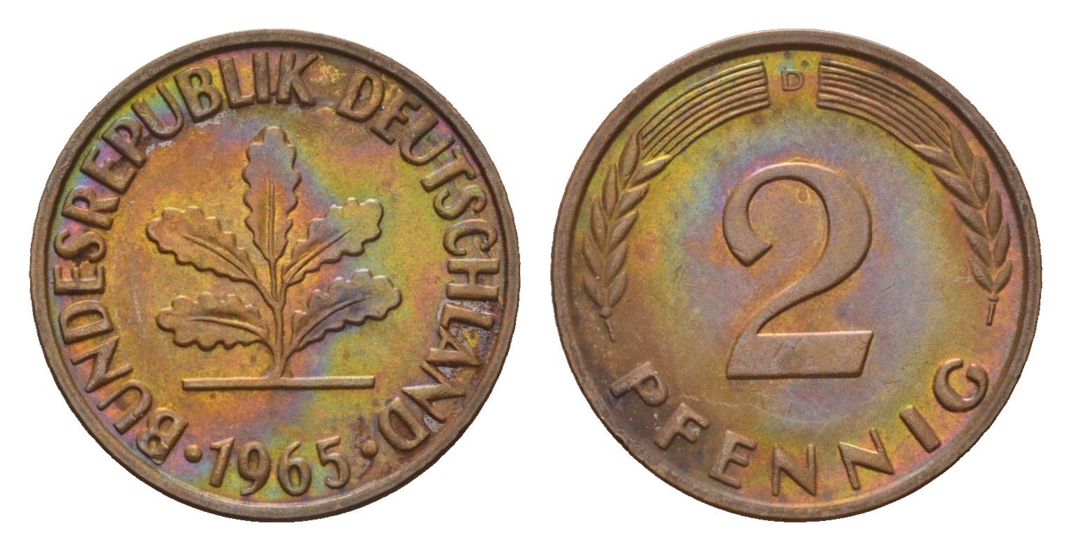 ФРГ 2 пфеннига 1965 D KM 106, J. 381 бронза 4549-626