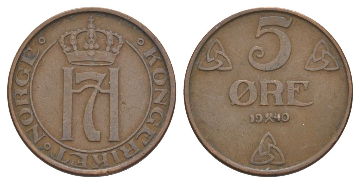 Норвегия 5 эре 1940 Хокон VII (1905-1957) KM 368 бронза 4635-533