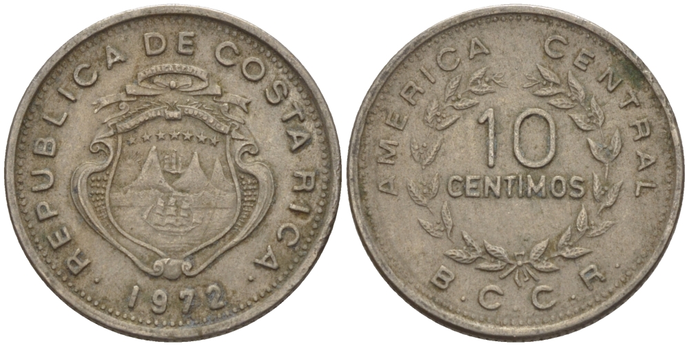 КОСТА-РИКА 10 СЕНТИМО 1972 g KM 185.3 медно-никель 66-549