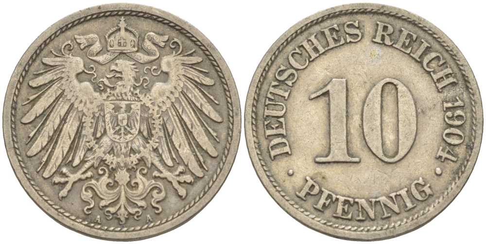 ГЕРМАНИЯ 10 ПФЕННИГОВ 1904 A KM 12, J. 13 медно-никель 34-246