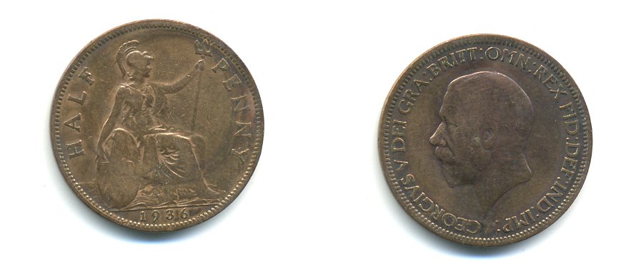 Великобритания 1/2 пенни 1936 Георг V (1910-1936) KM 837, Spink 4058 бронза 59-932