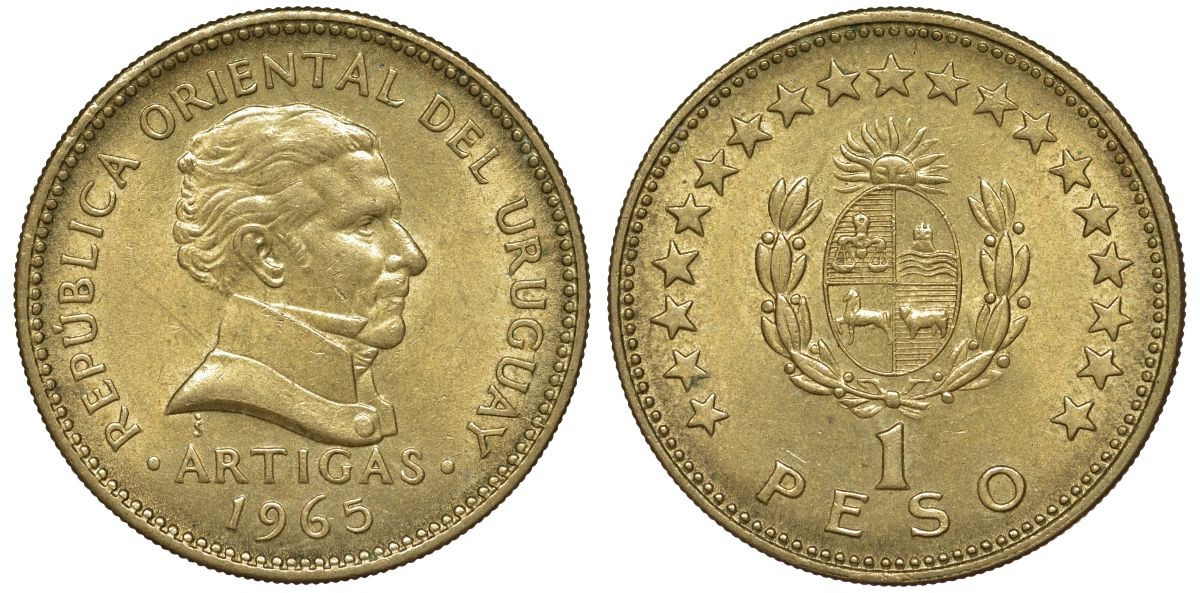 Уругвай 1 песо 1965 KM 46 алюминиевая бронза 24-1237