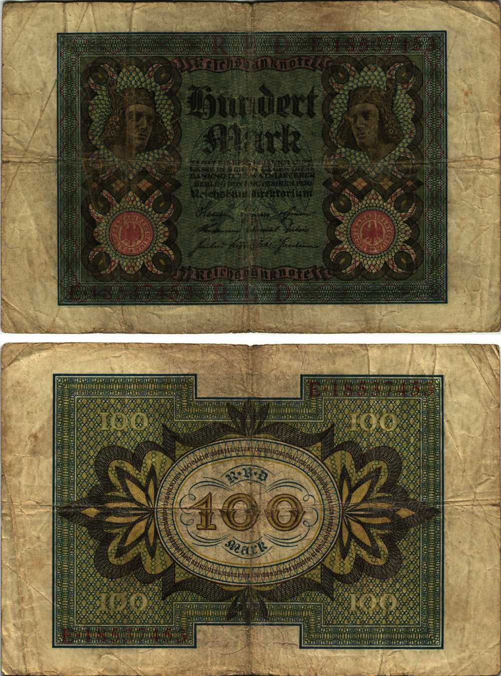 Германия 100 марок 1920 Бамбергский всадник, 8 цифр в номере, буква J Pick 69 b, Розенберг 69b бумага 8609-58-1