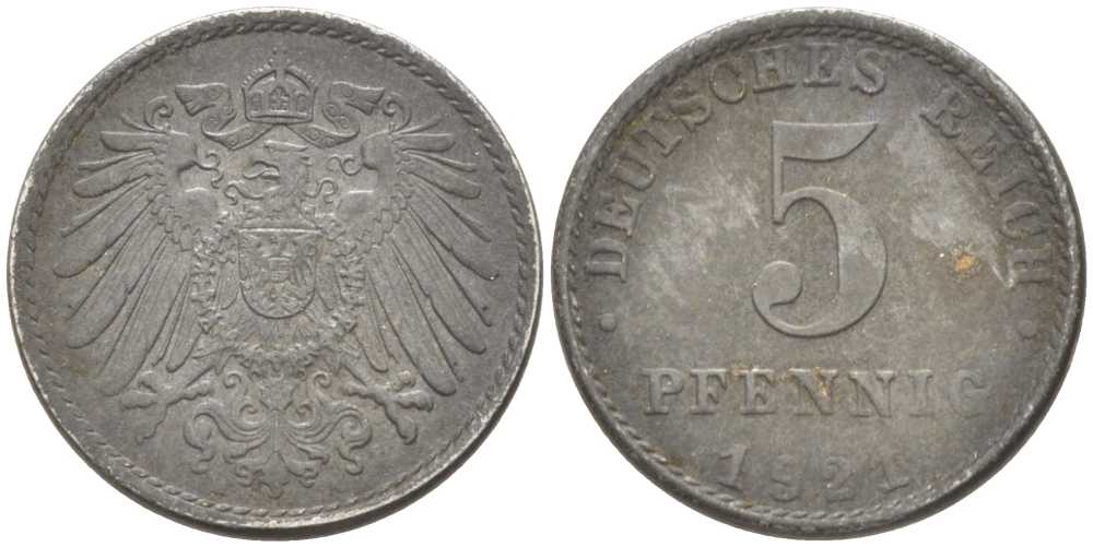 ГЕРМАНИЯ 5 ПФЕННИГОВ 1921 A KM 19, J. 297, Weege 5 железо 206-746