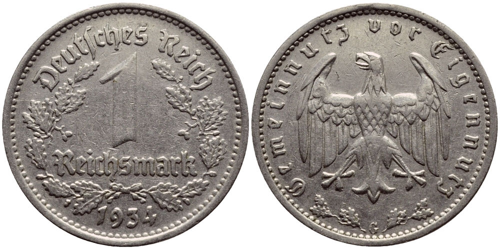 ГЕРМАНИЯ 1 РЕЙХСМАРКА 1934 G КМ 78 J.354 никель 56-1245