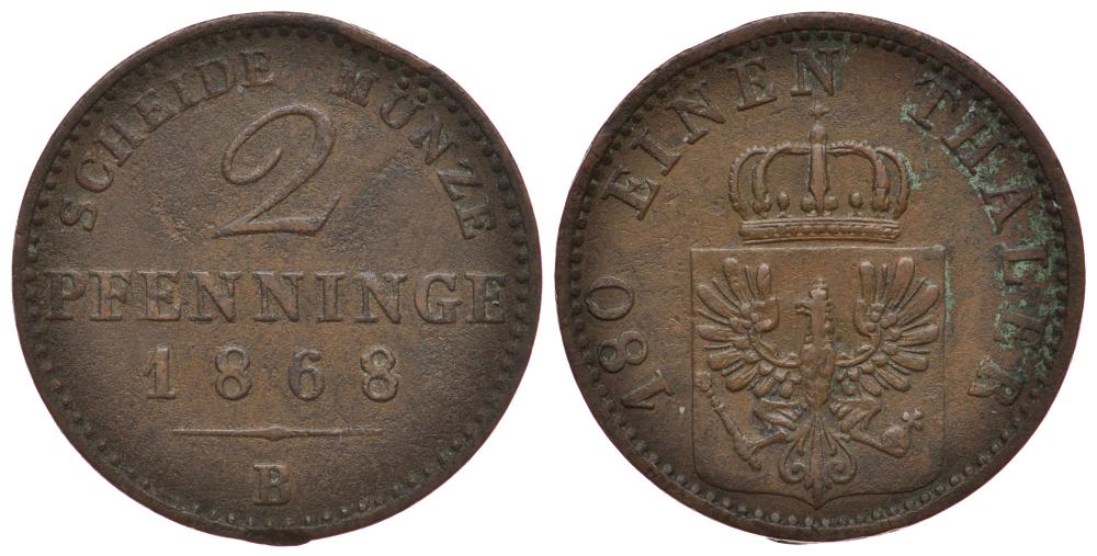 Пруссия 2 пфеннига 1868 B, Вильгельм I (1861-1888) KM 481, Jaeger 51, AKS 107, Olding 425 медь 3 186-622