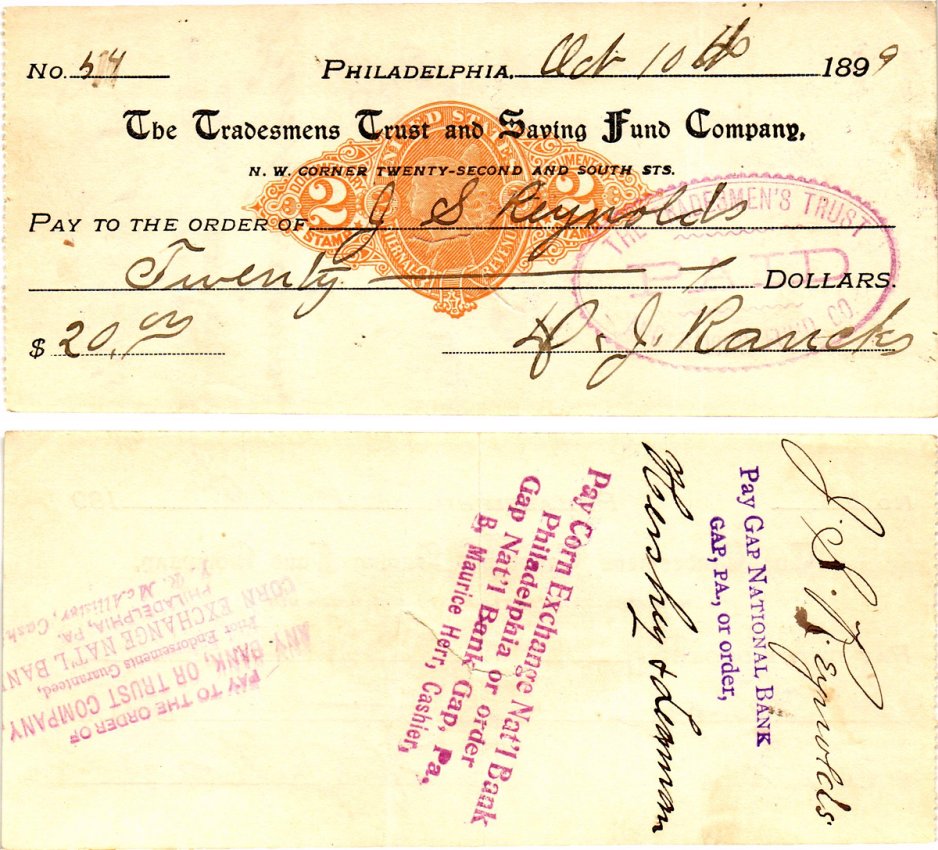 США чек на 20 долларов 1899 Филадельфия бумага 3295-9-1-1