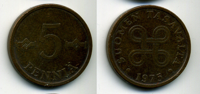 ФИНЛЯНДИЯ 5 ПЕННИ 1975 KM 45 медь 61-1217