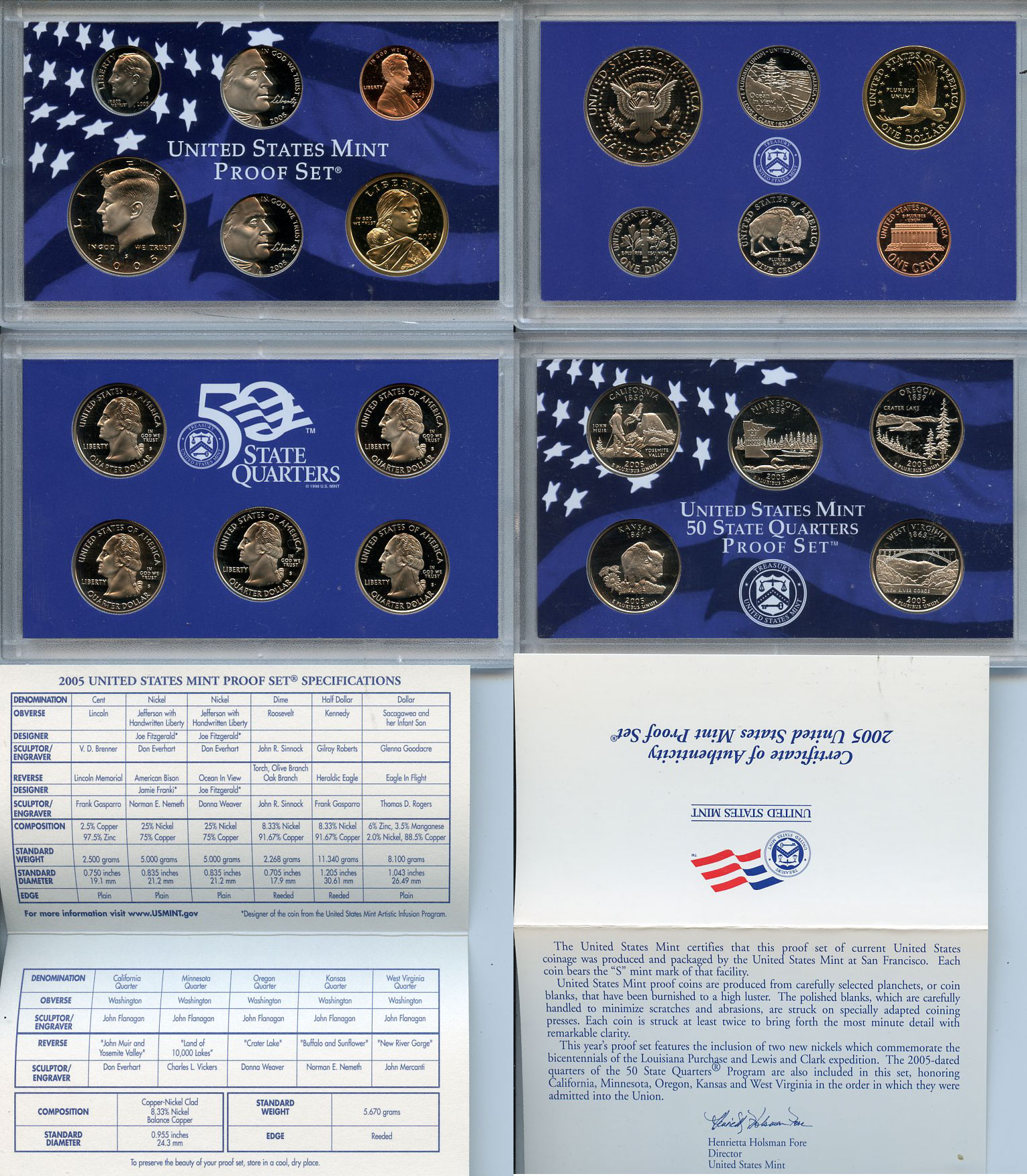 США официальный набор из 10 монет, в 2 пластиковых сетах 2005 годовой набор и юбилейные монет 25 центов, в оригинальной коробке, сертификат KM PS 216   PROOF  8-2-04-31