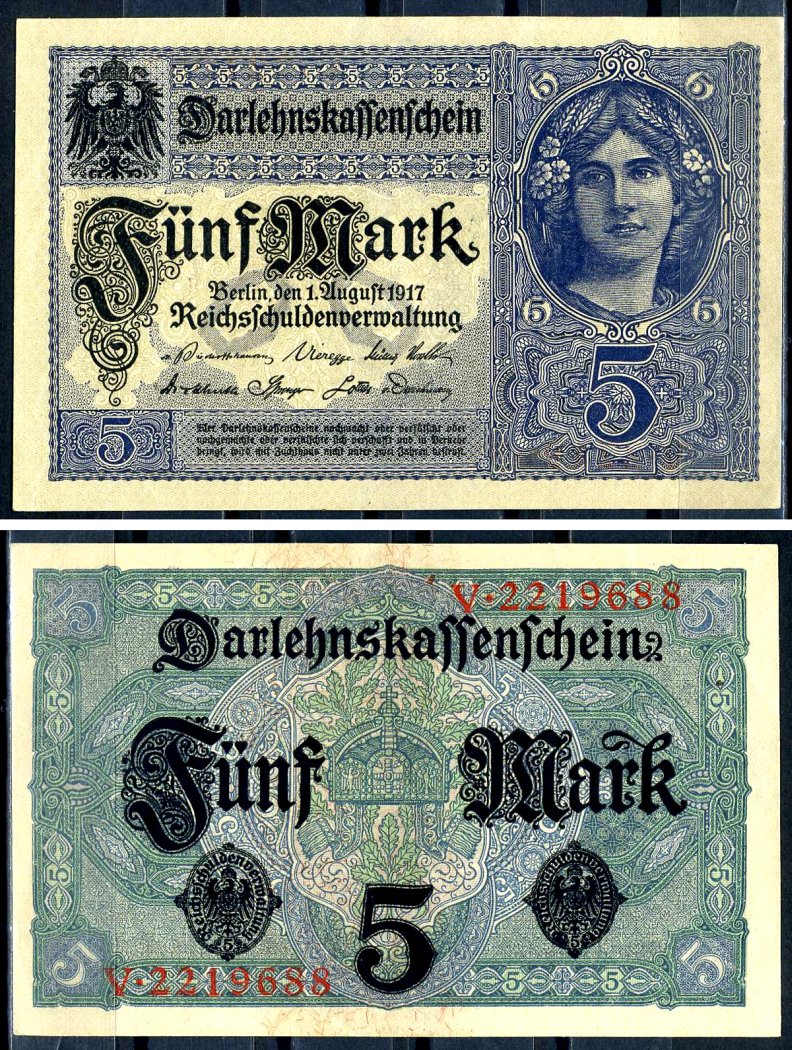 Германия 5 марок 1917 7 значный номер Pick 56 b бумага 8595-42-3-2