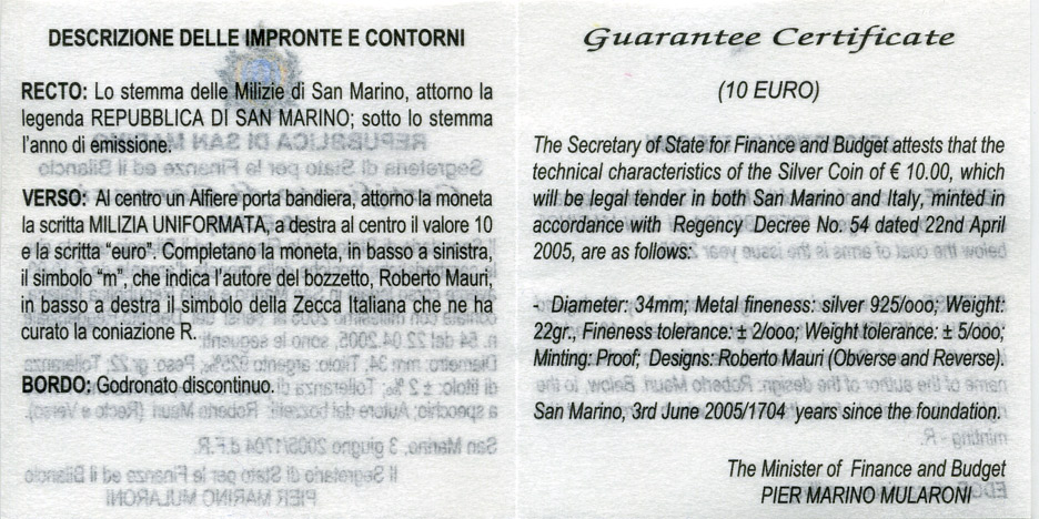 Сан-Марино 10 евро 2005 милиция, карабинеры, в оригинальной коробке, с сертификатом KM 344 серебро PROOF 7-1-60