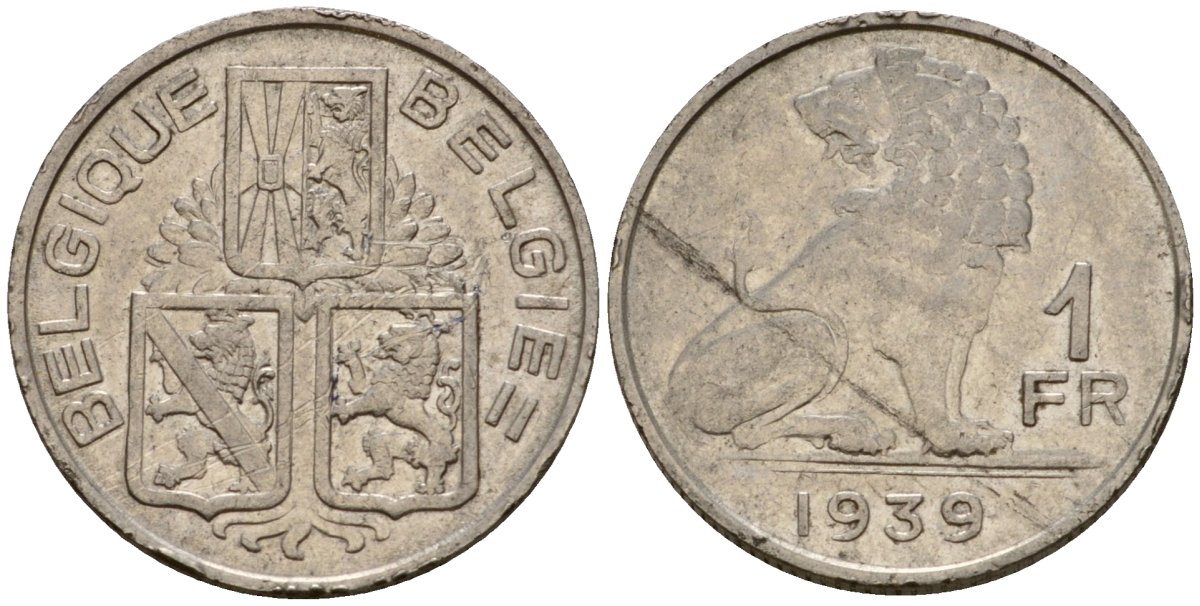 Бельгия 1 франк 1939 Belgique - Belgie KM 119 никель 4603-1224