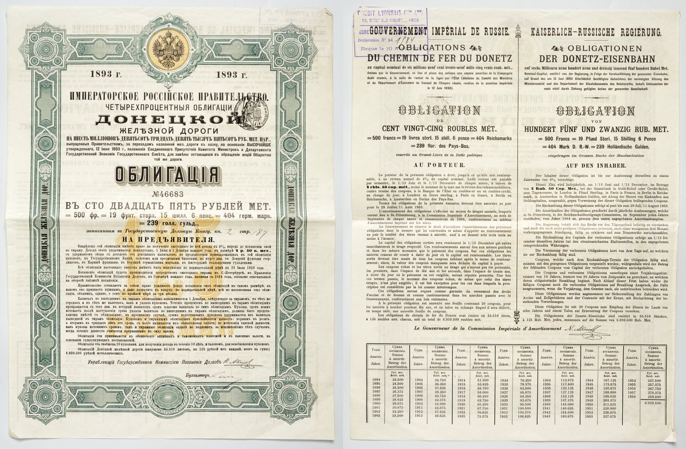 Россия 4% облигация в 125 рублей металлических 1893 Донецкая железная дорога бумага 5547-19-1-1